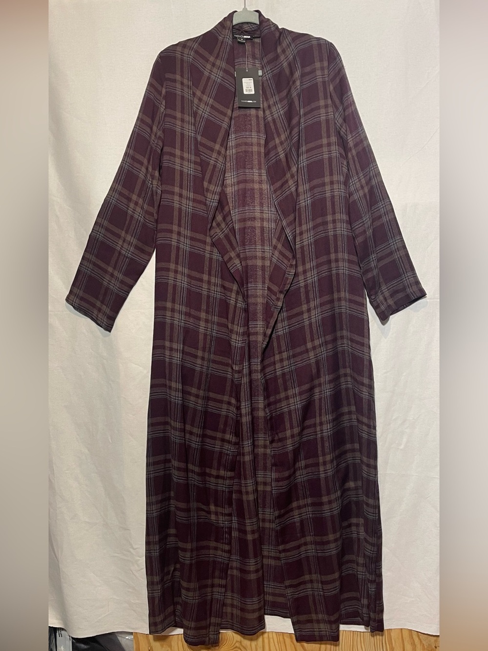 Fashion Nova NWT Burgundy Plaid Longline Open Front Duster Cardigan Jacket M